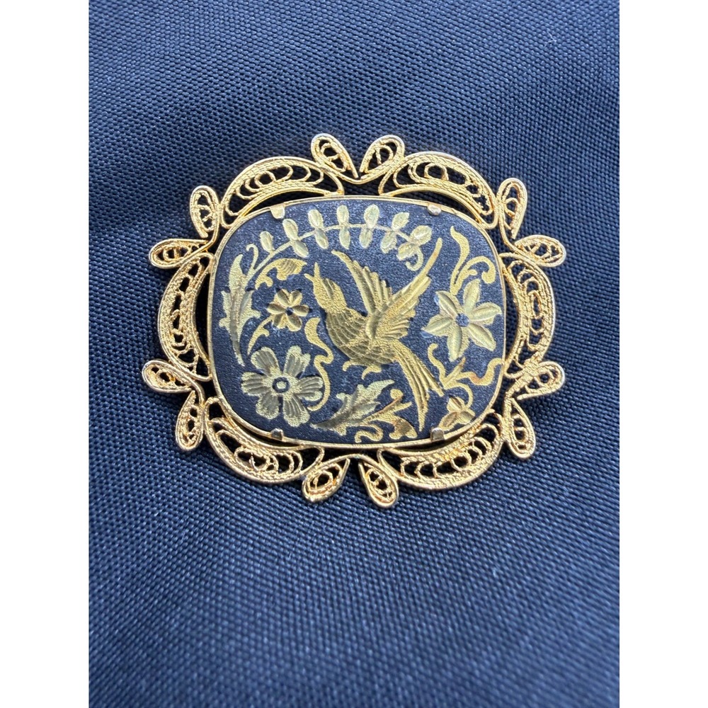 Vintage Damascene Bird Floral Brooch Gold‎ Tone Filigree Black Enamel Pin